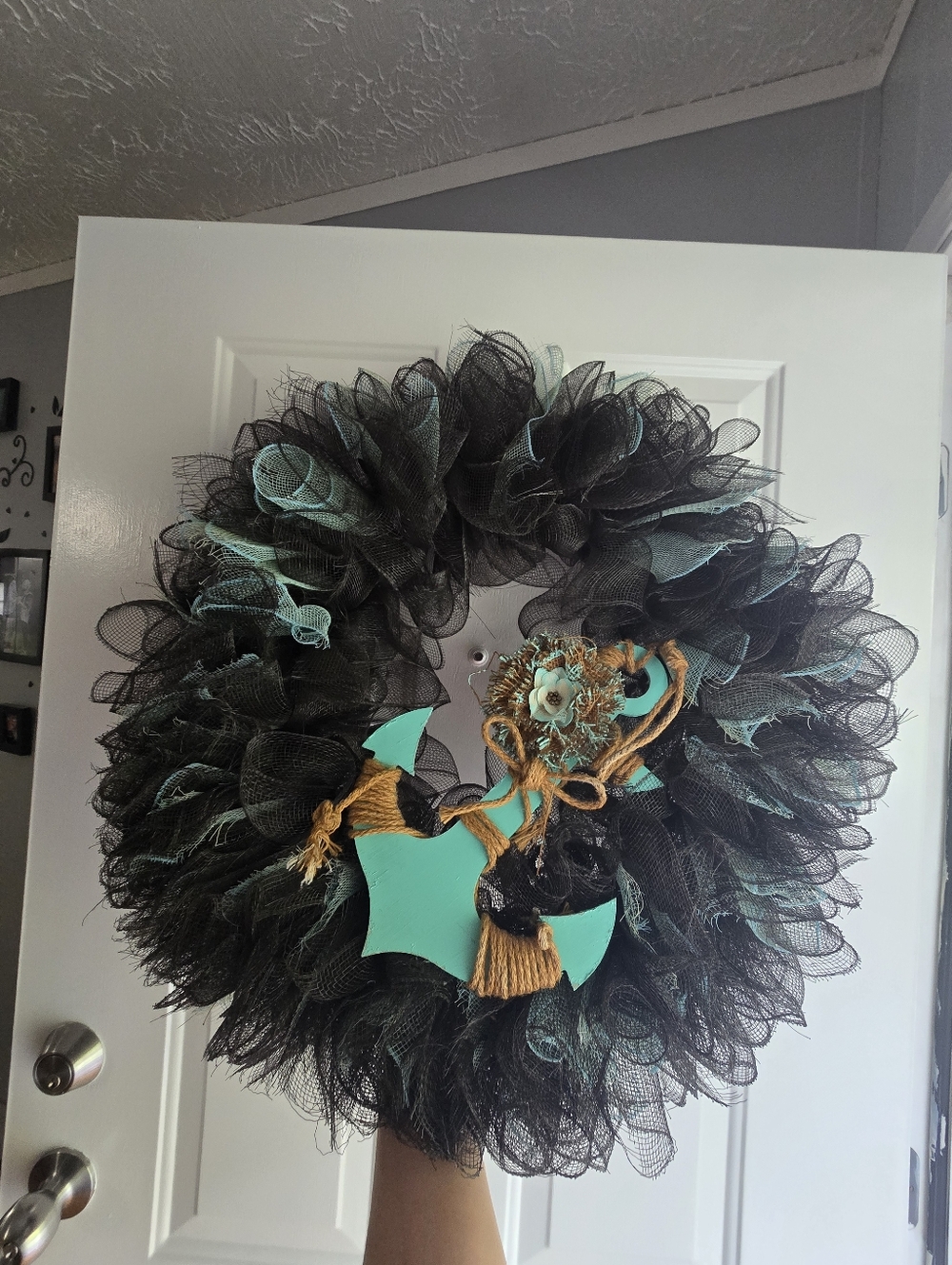 Brown and Teal Decorative Mesh Wreath with Anchor Accent Beachy 25"
